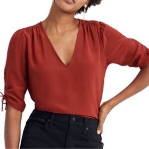 Madewell 100% silk short sleeve blouse top with bow ruching detail NWT M red